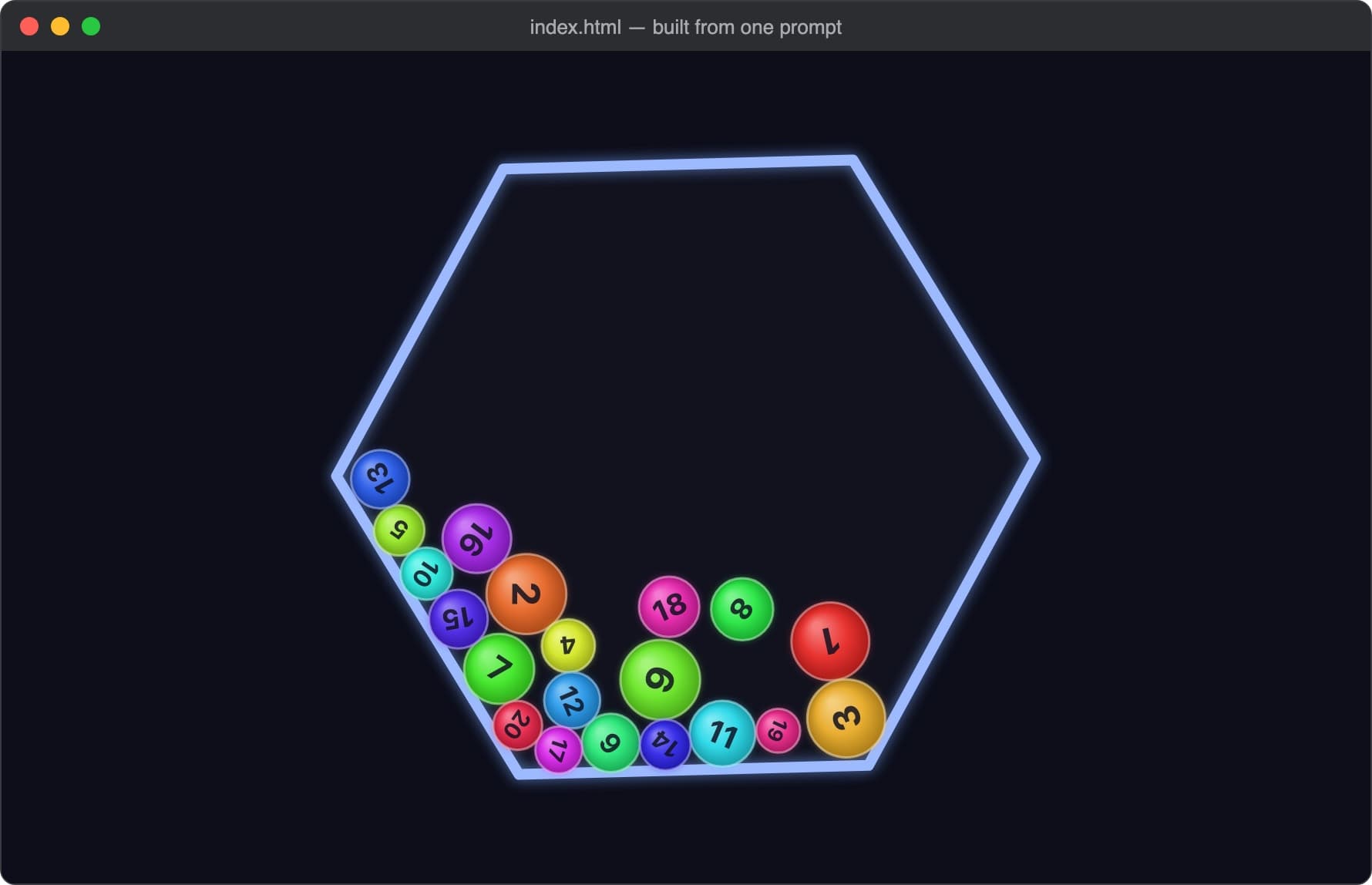 Browser window: 20 numbered, coloured balls resting at the bottom of a rotating neon hexagon