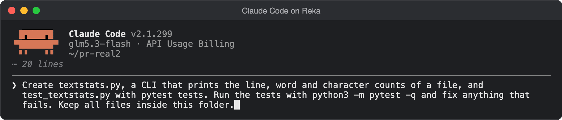 Terminal: Claude Code v2.1.299 header reading glm5.3-flash · API Usage Billing, with a prompt typed